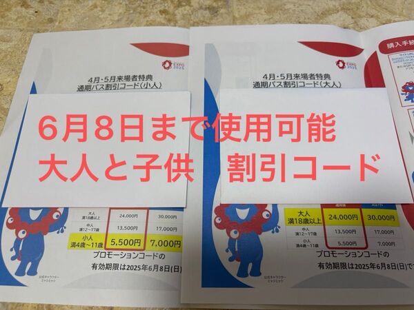 【新品12時間以内発送】関西万博通期パス割引コード 大人小人セット 大人 子供