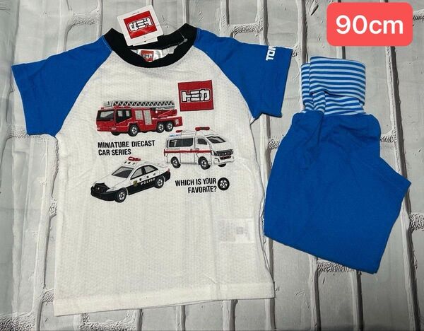 トミカ はたらく車 半袖パジャマ ルームウェア 90cm 半そで 夏用 腹巻き付き パトカー 消防車 救急車