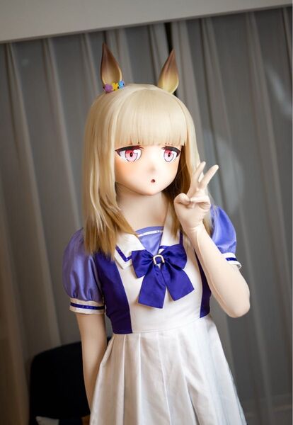 ★即納 衣装付 全頭マスク カツラ付き ロック付き ドール ヘッドロリータ人形 コスプレ 変身 仮装 着ぐるみ 二次元美少女