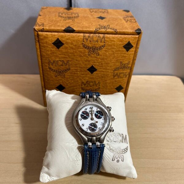 MCM エムシーエム クロノグラフ デイト メンズ 腕時計 青文字盤 レザー ステンレススチール