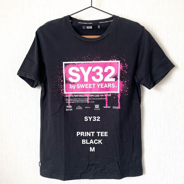 【SY32】エスワイ32 プリントTシャツ 半袖 夏服 スポーツ カジュアル ストリート 匿名配送 メンズ ブラック 黒 M