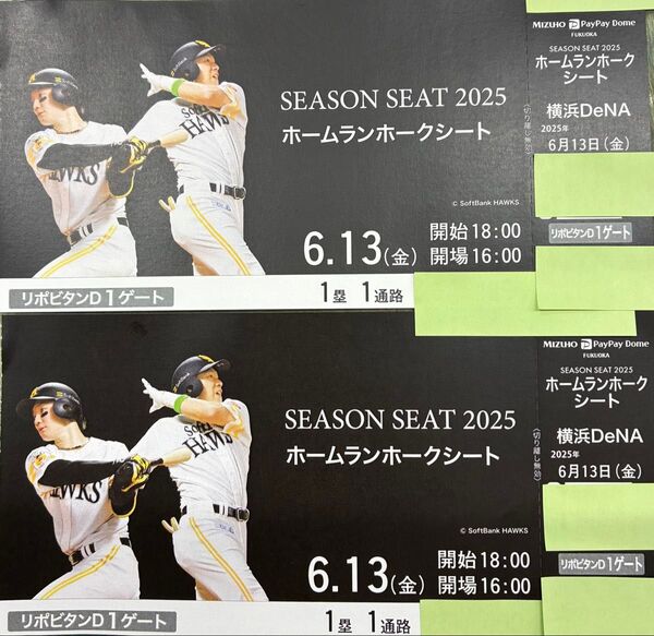 6月13日 金曜日 vs 横浜DeNA ソフトバンクホークスチケット ホームランホークスシート 連番