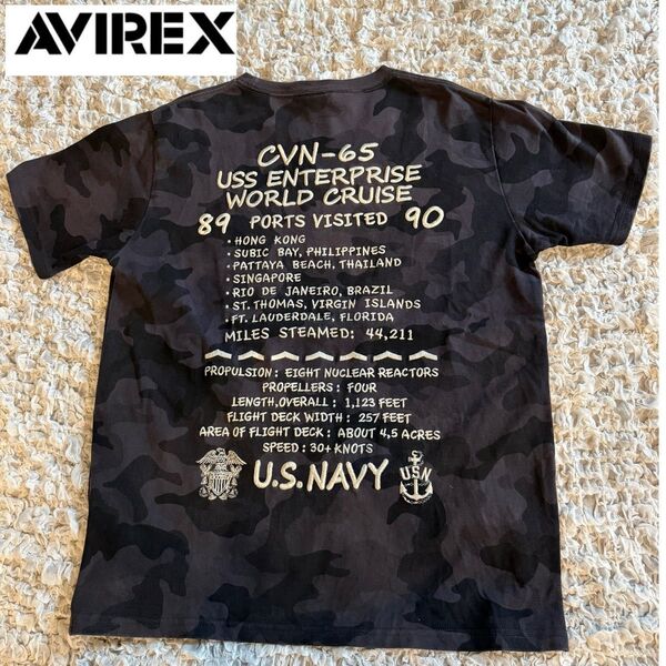 アヴィレックス【Avirex】カモフラ 刺繍 ブラック Tシャツ メンズ XL