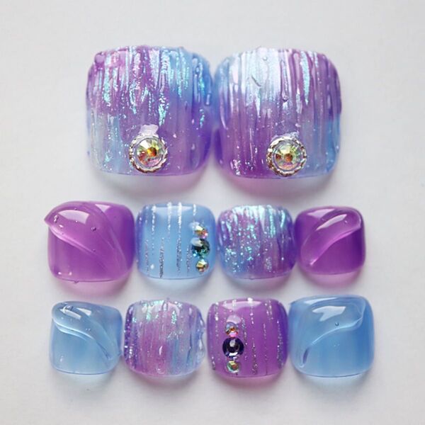 ペディキュア ネイルチップ ブルーパープル水感 ジェルネイル ハンドメイド フットネイル