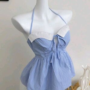 ストライプ ノースリーブ クロップトップ ウエスト紐付き