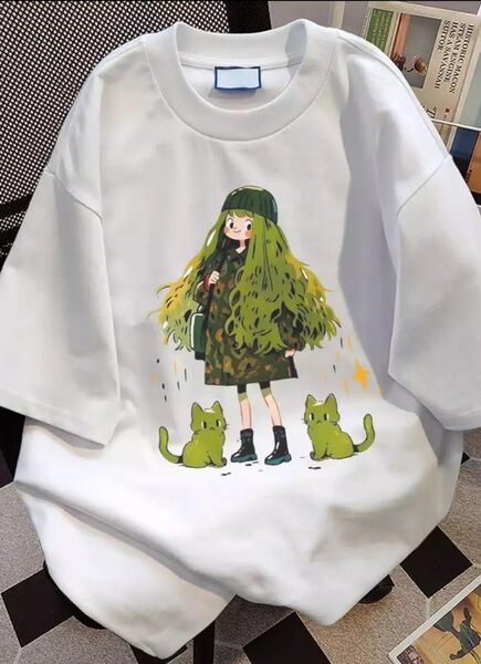 女性のカジュアルなTシャツ、生産的なカートゥーンプリント付き - ルーズフィット Tシャツ 半袖Tシャツ
