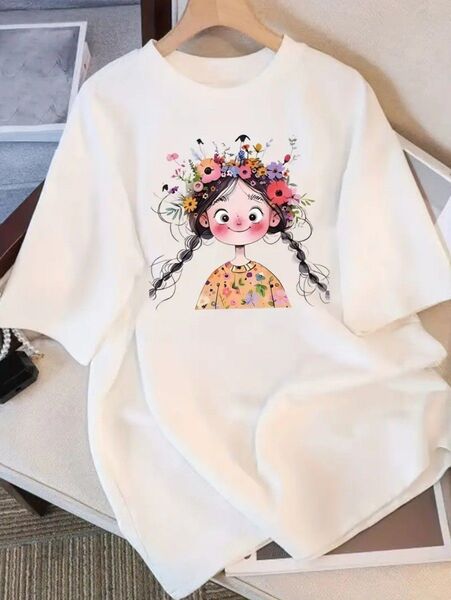 女性用100%コットン・フローラルリースプリント・ゆったりフィットTシャツ - ラウンドネック・半袖カジュアルトップ
