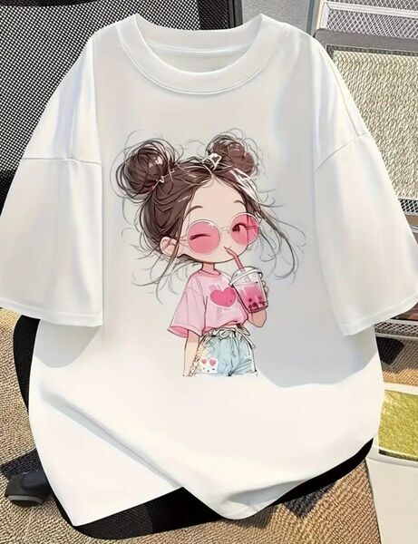 100% キャラクター かわいいプリント ショートスリーブ ラウンドネック Tシャツ、夏新、ルーズフィット、女性用