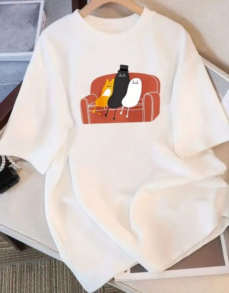 純綿レディース半袖Tシャツ - 幾何学模様のゆったりフィットラウンドネックカジュアルトップ、通気性&洗濯機可