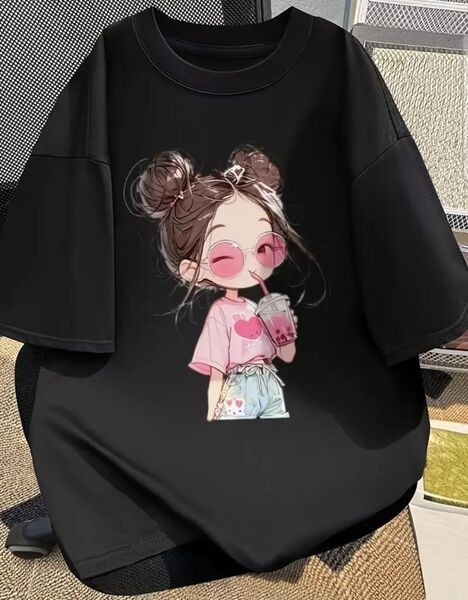 100% キャラクター かわいいプリント ショートスリーブ ラウンドネック Tシャツ、夏新、ルーズフィット、女性用