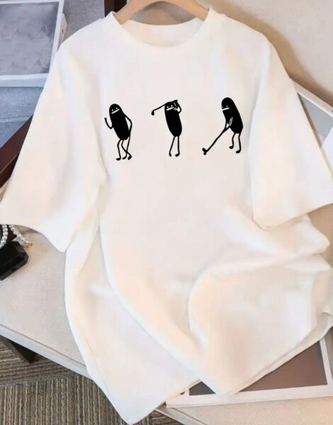 ユニークなブラックプリントデザインのレディースカジュアルTシャツ - ルーズフィット、ショートスリーブ、ラウンドネック、