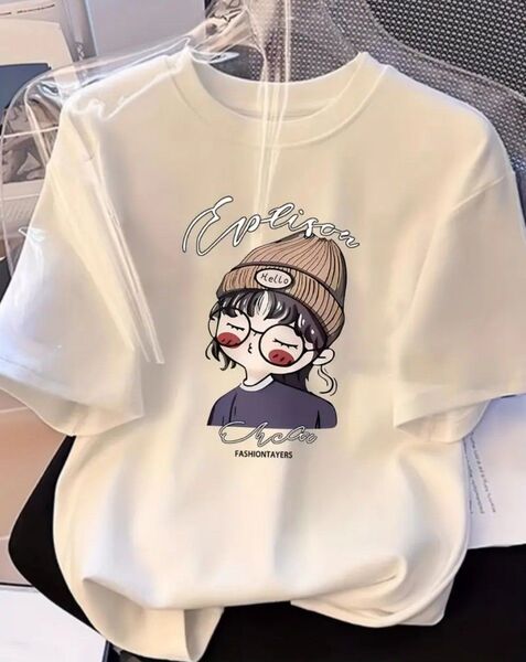 純綿レディース半袖Tシャツ - かわいいキャラクターグラフィックプリント、ゆったりラウンドネックカジュアルトップ