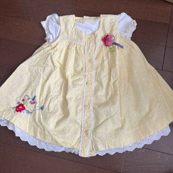 女の子 ワンピース 黄色 花柄 刺繍 70サイズ ベビー服 2点セット mamas&papas