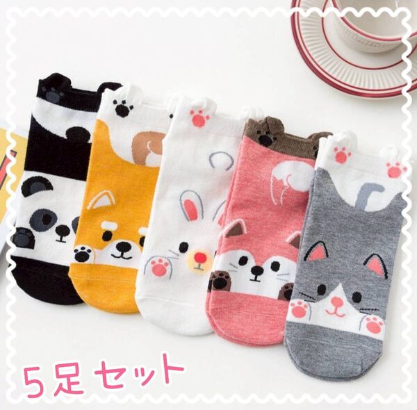 5足セットアニマル 靴下 ソックス いぬ ねこ うさぎ パンダ アライグマ 動物 かわいい 耳つき