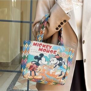 ミッキーマウス キャンバストートバッグ 多ポケット ジッパークローズ 手洗い可能