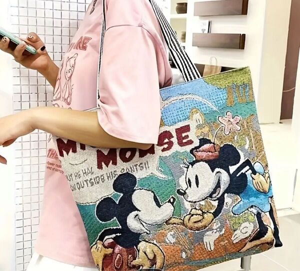 ミッキーマウスキャンバストートバッグ - カジュアルで多用途なショルダーバッグ、ジッパー付き、ポリエステル素材、手洗いのみ