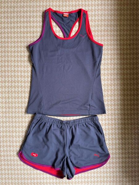 PUMA セットアップ スポーツウェア レディース グレー/レッド L ランニングウェア