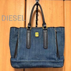 【極美品】DIESEL トートバッグ デニム 金ロゴ 肩掛け A4可 ディーゼル ハンドバッグ 鞄