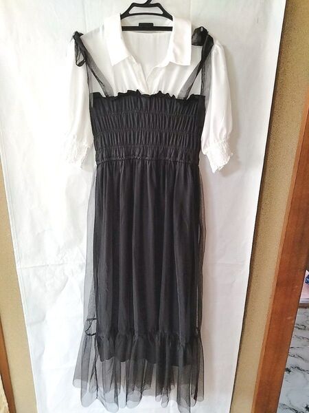 ロングワンピースドレス 半袖ブラウスドッキングチュールスカート Lサイズ 夏服