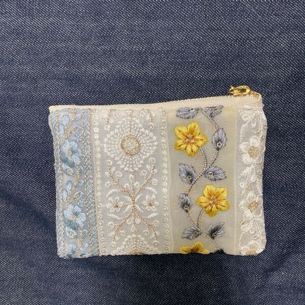 ハンドメイド インド刺繍リボン ミニポーチ