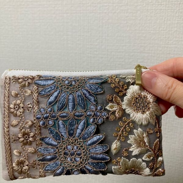 ハンドメイド インド刺繍リボン ミニポーチ