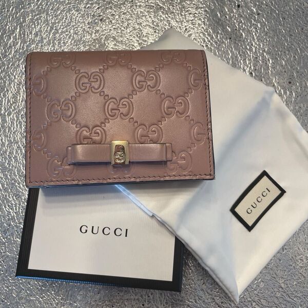 GUCCI GGマーモント リボン 三つ折り財布 ピンク