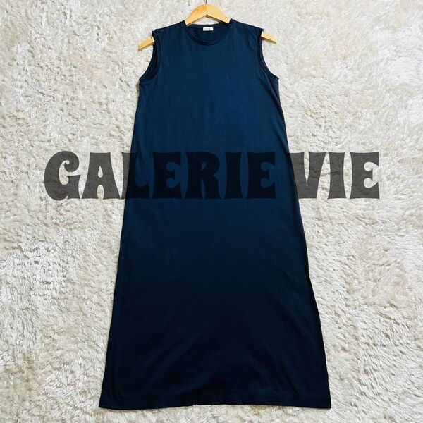 美品 GALERIE VIE ギャルリーヴィー ファインコットンボートネックワンピース ネイビー M ノースリーブ