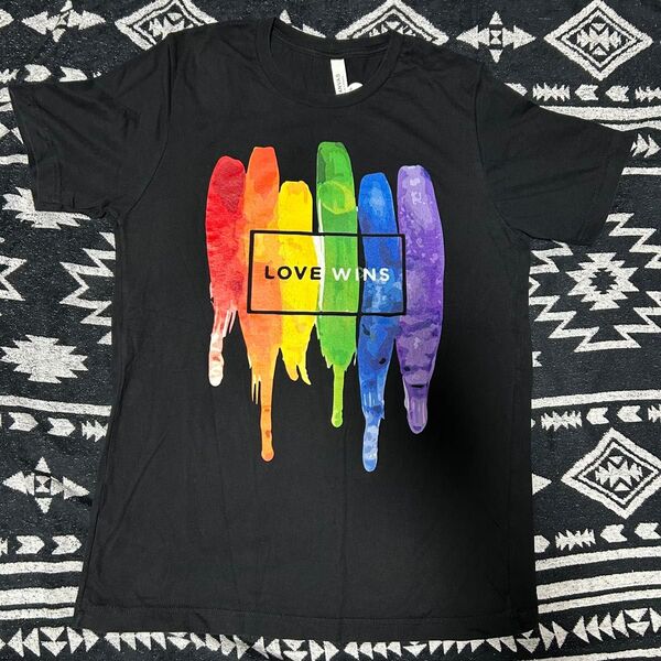 【古着】アメカジファッション LOVE WINS カラフル Tシャツ Lサイズ LOVE WINS レインボーTシャツ 黒