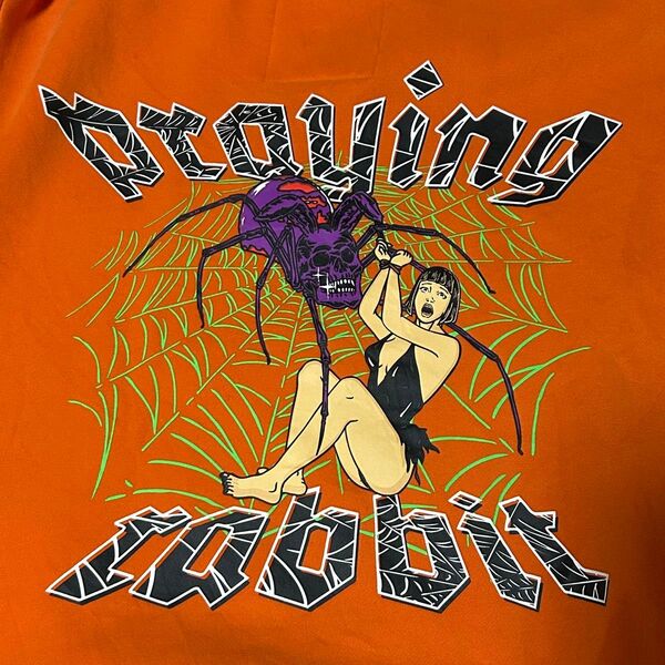 【古着】アメカジビンテージオレンジ グラフィック スウェットシャツ Prowling Rabbit Tシャツ オレンジ クモ