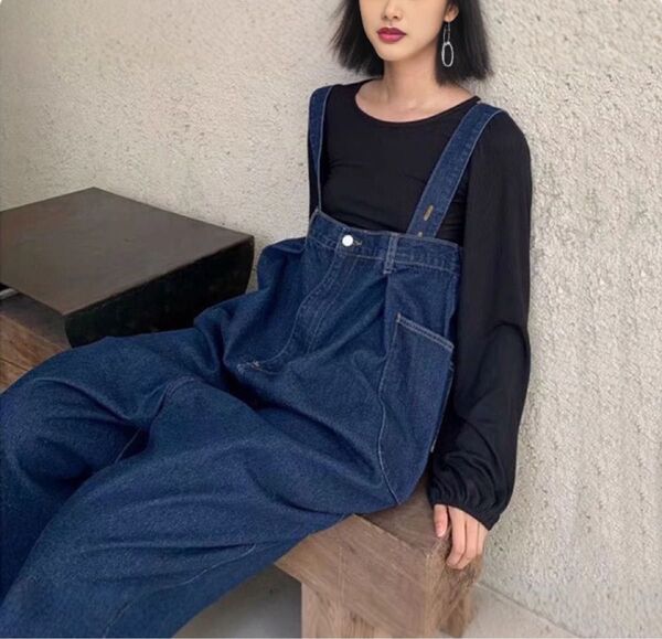 デニムパンツ サロペット オーバーオール オールインワン パンツ デニム ゆったり ギャザー入り 【新品未使用】
