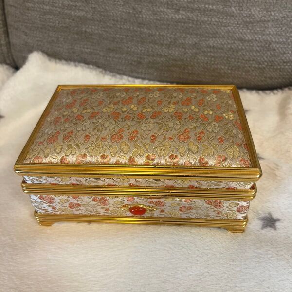 ジュエリーボックス 小箱 小物入れ 布張り 花柄 オレンジ色 金色