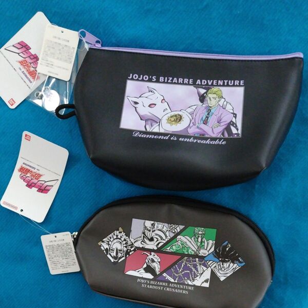 新品未使用タグ付 Jojo ジョジョの奇妙な冒険 ポーチ2種類セット ブラック 舟形 横長シェル型 レザー調 吉良吉影 しまむら