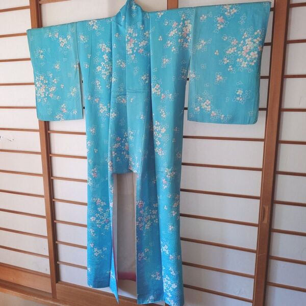 着物 花柄 カリビアンブルー 訳あり