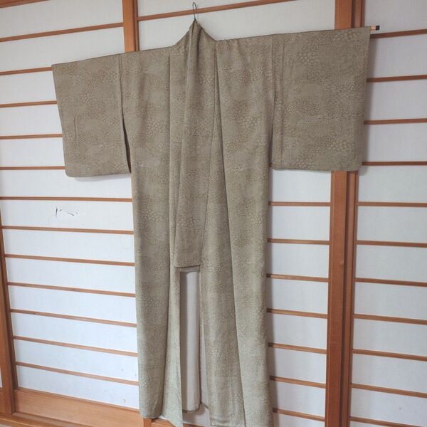 着物 単衣 絹 小紋 鶸茶(ひわちゃ)色