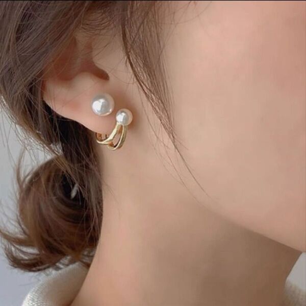 2way パール ピアス イヤーカフ風 ゴールド 高級感 上品 パールピアス シンプル 両耳 かわいい