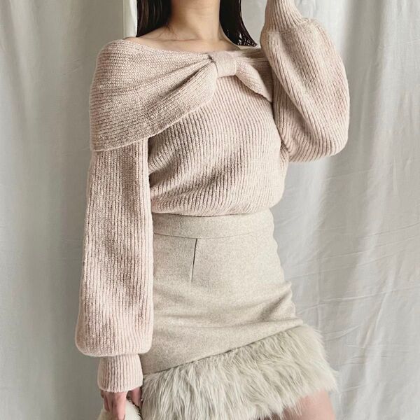 NOMAE リボンオフショルニットトップス ピンク INGNI GRL