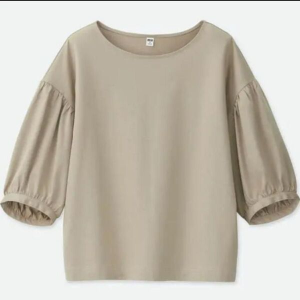 ユニクロ マーセライズコットンギャザースリーブT L ベージュ Tシャツ カットソー
