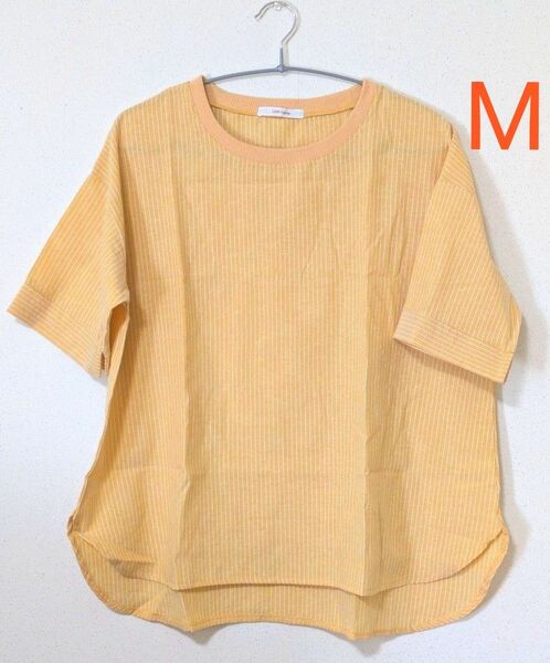 【未使用品】 半袖シャツ ブラウス Tシャツ ストライプ イエロー ナチュラル 夏 綿混 カジュアル