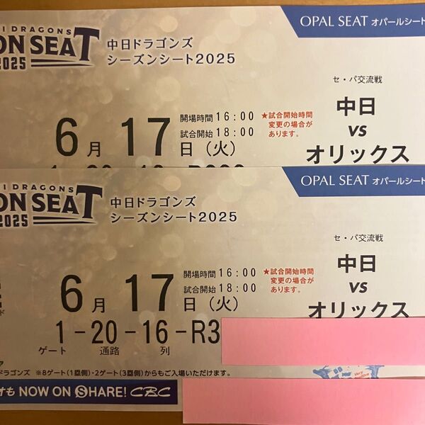 6月17日(火) 中日VSオリックス バンテリンドーム オパールシート2枚セット