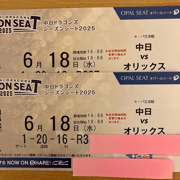 6月18日(水) 中日VSオリックス バンテリンドーム オパールシート2枚セット