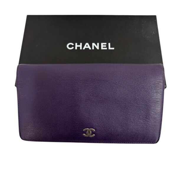 【箱付き】 CHANEL シャネル 長財布 二つ折り財布 ココマーク レザー 紫
