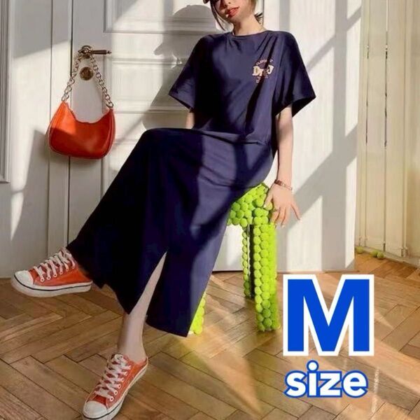 値下げ Tシャツワンピース ネイビー M 半袖 ロング Tシャツ マタニティ ワンピース 半袖ワンピース ロングワンピース