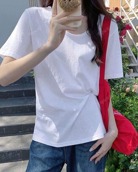 レディース Vネック ドロップショルダー 半袖Tシャツ、ルーズ 無地 ホワイト