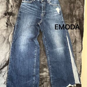 EMODAダークブルー ワイドレッグスリットデニム