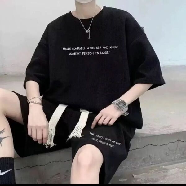 セットアップ 上下セット スウェット ルームウェア 部屋着 夏服 Tシャツ XL LL 黒 ロゴ