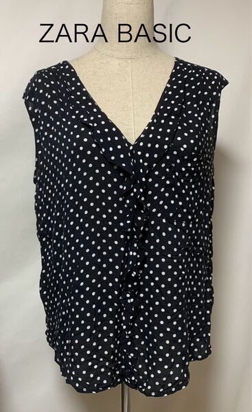 セール中 ZARA BASIC ザラベーシック ドットブラウス フリルブラウス ノースリーブブラウス Vネックブラウス ネイビー