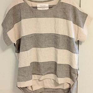 atelier musubi 16111 グレー ベージュ ボーダー 半袖リネンカットソー L相当