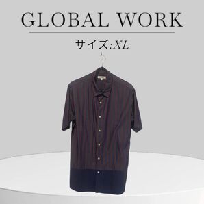 美品 GLOBAL WORK ストライプ 切替 半袖 シャツ ボルドー ネイビー 夏 ゆったり XL