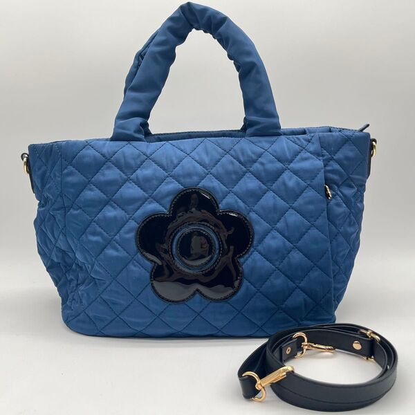 MARY QUANT マリークワント 2way トートバッグ デイジー A4可 ハンドバッグ ネイビー キルティング エナメル