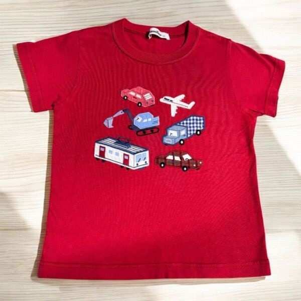 ファミリア 車 飛行機 乗り物 刺繍 赤 Tシャツ 120サイズ キッズ トップス 半袖 半袖Tシャツ 日本製